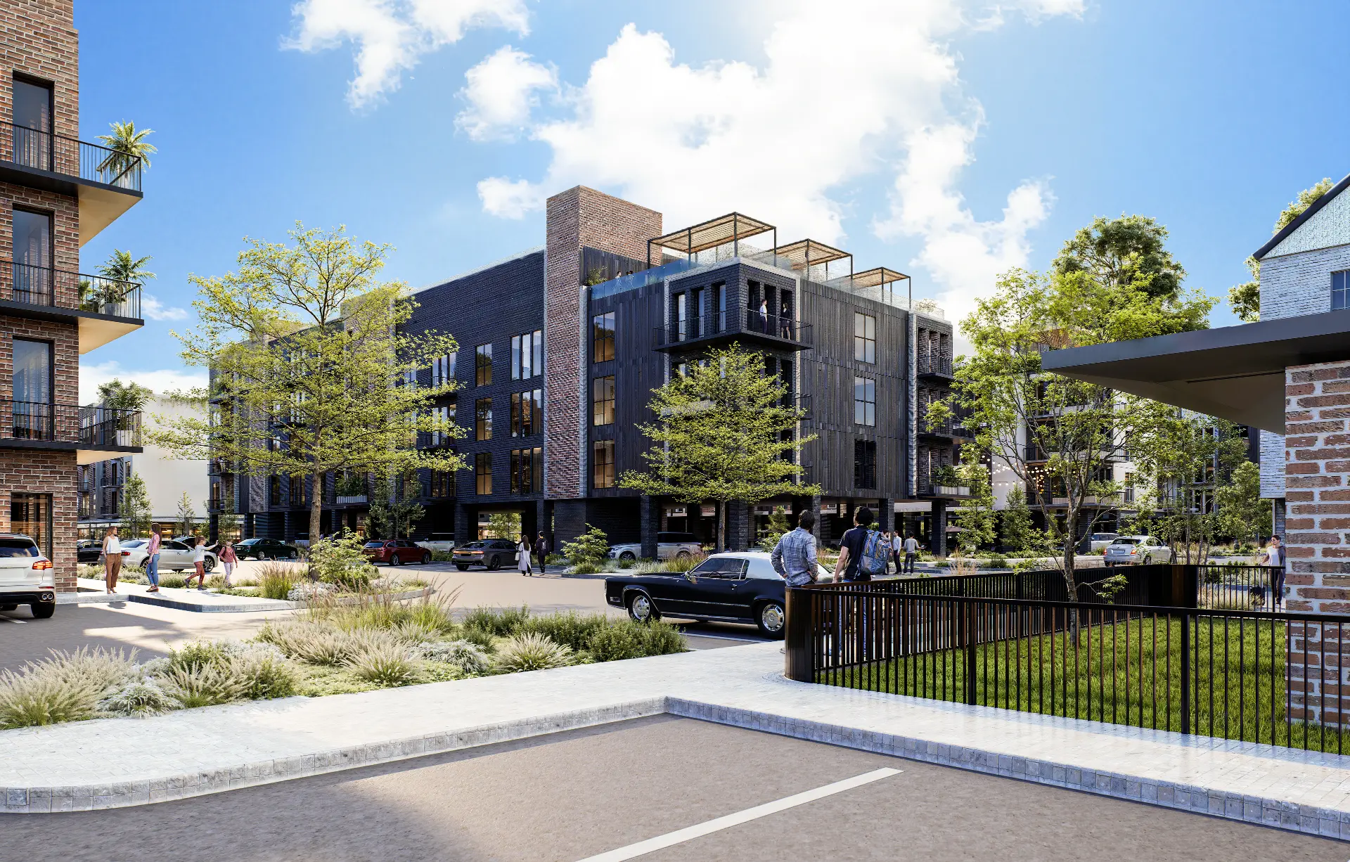 Streetscape rendering of a Kairos mixed-use community