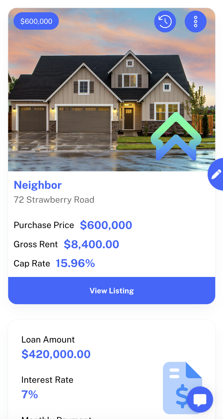 Rentix app showing a property listing with purchase price, rent, and cap rate